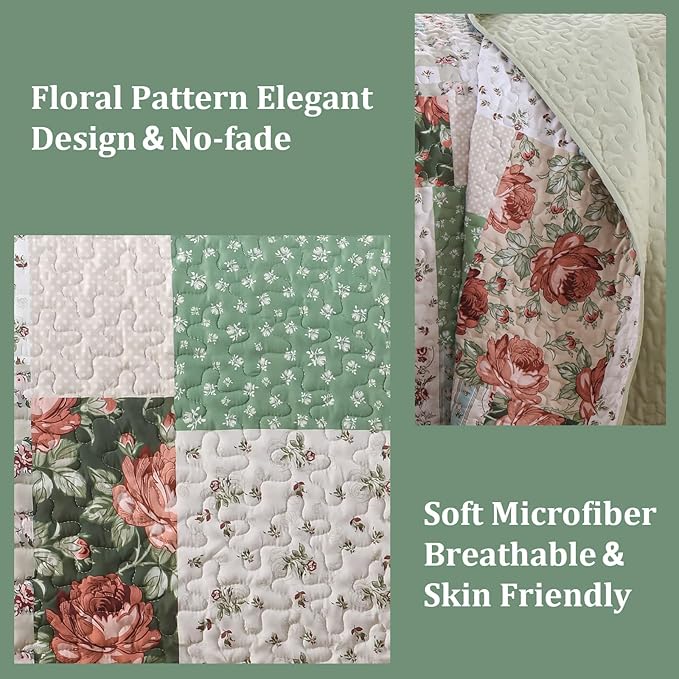 Anibedding Green Patchwork Quilt Set King Size, Bohemian Red Flower Green Plaid Bedspread Coverlet Set with Pillowcases, Soft Microfiber Summer Quilt Floral Bed Cover for All Season (110''x90'')