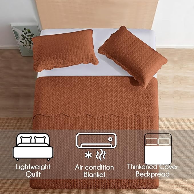 MOONLIGHT20015 Quilt King Size (106" x 96") with 2 Pillow Shams (20" x 36"+2") for All Seasons - 3 Pcs Lightweight Bedding Set Reversible Coverlet Embossed Quilted Bedspread (Rust)