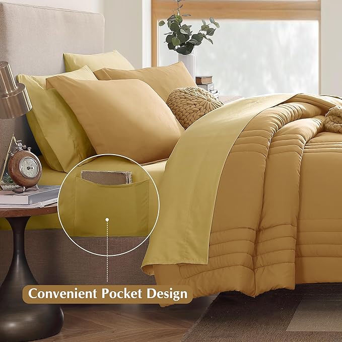 Monbix King Size Comforter Set - 7 Pieces Bed in a Bag King, Desert Yellow Bedding Sets with Comforter, All Seasons Comforter Bed Set with Sheets, Pillowcases & Shams