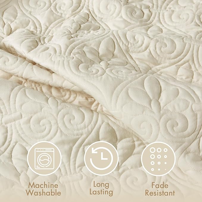 Madison Park Quebec Split Corner Quilted Bedspread Classic Traditional Design All Season, Lightweight, Bedding Set, Matching Shams, Queen, Damask Quilted Cream 3 Piece