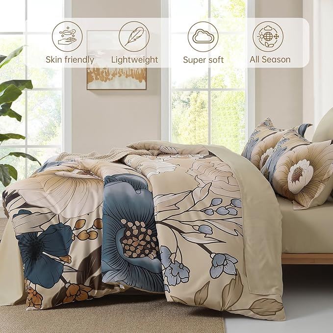 Xruibed Fall Floral Comforter Set King Size 7 Pieces Bed in a Bag Brown Flower Bedding Sets Lightweight Boho Bed Set with Sheet,Pillowcases&Shams for All Season