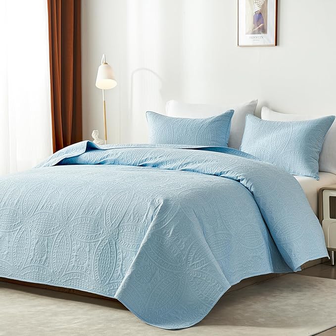akkialla Twin Quilt Bedding Set,Sky Blue Ultrasonic Quilt Set,Lightweight Soft Bedspread Coverlet,Modern Style Coin Pattern Bed Cover for All Seasons,2 Piece(1 Quilt,1 Pillow Sham)