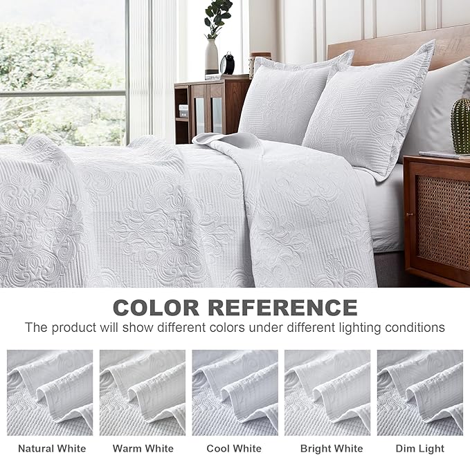 Hansleep White Quilt Queen Size - Textured Ultrasonic All Season Bedspread Queen, Soft Lightweight Coverlet Bedding Set, 3 Pieces (1 Quilt, 2 Pillow Shams)