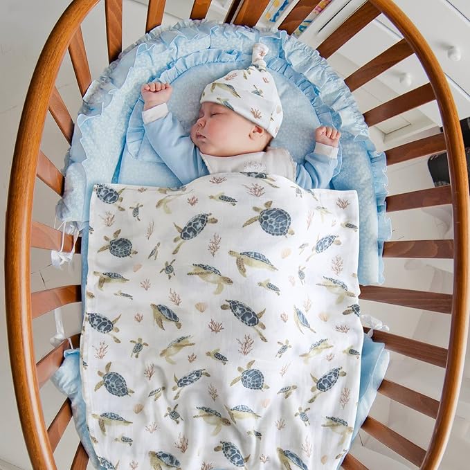LifeTree Muslin Swaddle Blankets, Muslin Baby Boy Swaddle Blanket and Hat Set with Birth Announcement Card, Newborn Unisex Neutral Receiving Blankets Sea Turtle Pattern