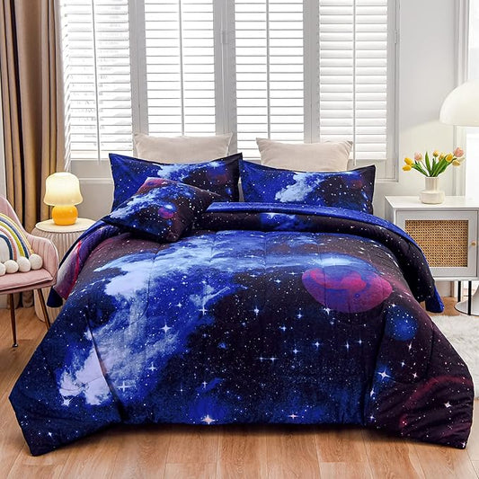 A Nice Night Galaxy 6Pcs Bedding Sets Outer Space Comforter Bed in a Bag 3D Printed Quilt,for Children Boy Girl Teen Kids,Queen 6Pcs