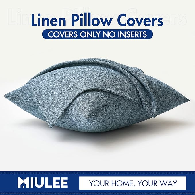 MIULEE Pack of 2 Decorative Linen Burlap Coastal Pillow Covers Farmhouse Accent Pillowcases for Sofa Car Couch Bedroom Living Room Decor 18x18 Inch Dusty Blue