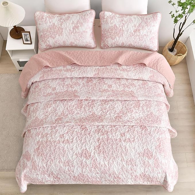 WONGS BEDDING Quilt Set King Size, 3 Pieces Pink Floral Plants Printed Bedspread Coverlet Set Soft Lightweight Microfiber Botanical Bedding Set for All Season (104"x90")