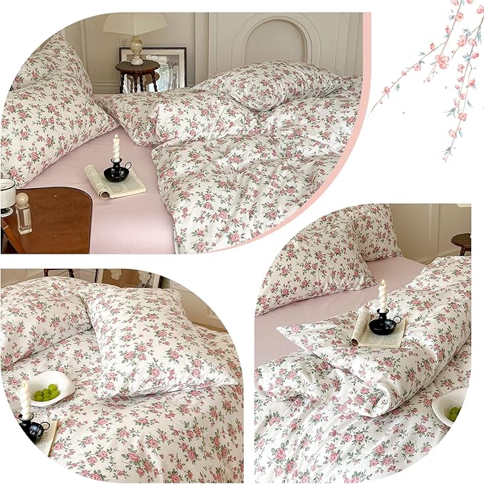 HighBuy Aesthetic Floral Duvet Cover Queen Size 3 Piece Soft Cotton Pink Floral Bedding Set Queen,Garden Coquette Comforter Cover Breathable,Boho Beige Duvet Cover Queen,2 Pillowcases