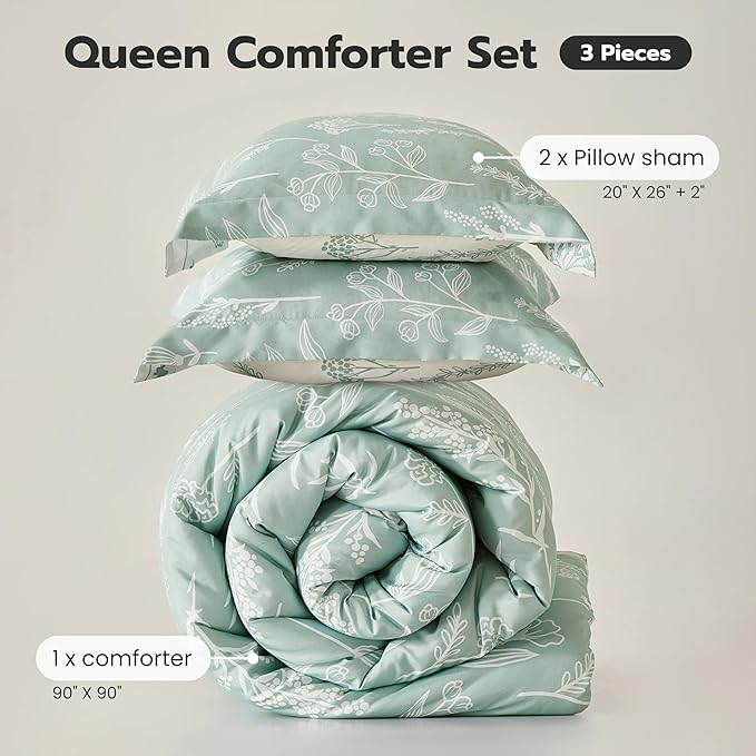 Joiedomi Queen Comforter Set, Sage Green 3 Pieces Floral Queen Bedding Set for Girls Bed with 1 Soft Reversible Botanical Comforter and 2 Pillow Shams, Bed in a Bag for All Seasons