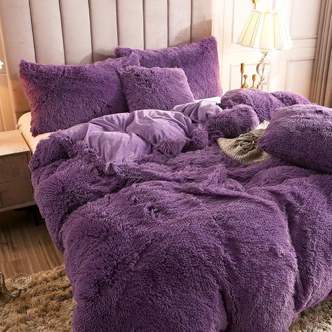 Uhamho Faux Fur Velvet Fluffy Bedding Duvet Cover Set Down Comforter Quilt Cover with Pillow Sham, Ultra Soft Warm (Twin, Purple)