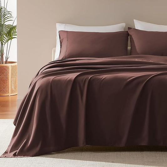 SLEEP ZONE Nanotex Super Soft Cooling Twin Bed Sheets Set for Kids 3 Piece - Easy Care Fitted Flat Sheet & Pillowcase Sets - Wrinkle Free, Fade Resistant, Deep Pocket 16" (Brown, Twin)