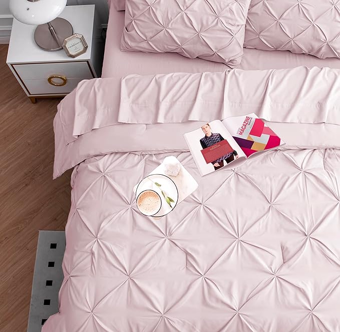 LANE LINEN California King Comforter Set - Bed in a Bag Cal King Bedding Set 7 Piece - Gentle Soft Pintuck Bed Set Gift for Family - Pinch Pleat Comforter with Sheets, Pillowcases & Shams - Sepia Rose | Gentle soft feel, Family friendly, Oversized cove...
