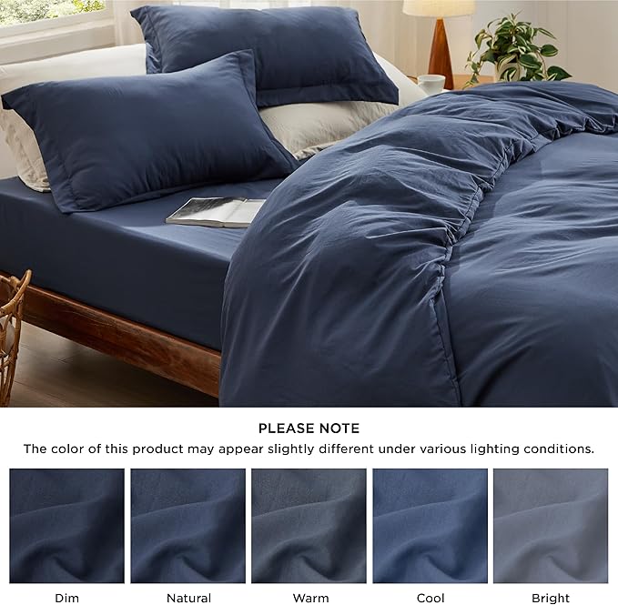 Bedsure Duvet Cover Queen Size with Fitted Sheet - 4 Pieces Prewashed Polyester Extra Soft Bedding Set, Includes 1 Duvet Cover 90x90 Inches with Zipper Closure, 2 Pillow Shams, 1 Fitted Sheet, Navy