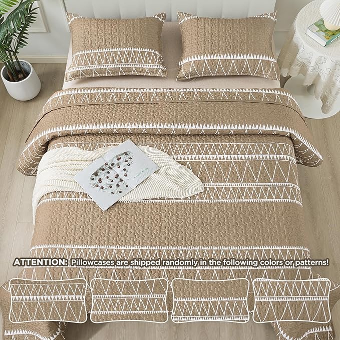 Andency Taupe California King Quilt Set, 3 Pieces Boho Lightweight Soft Striped Cal King Bedspread for All Season (112"x104"), Printed Bohemian Microfiber Reversible Coverlet Comforter Sets