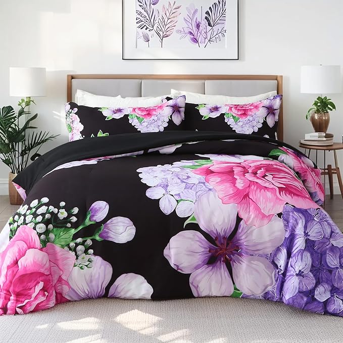 Floral Comforter Set King Size, 3 Pieces Elegant Black Floral Bed in a Bag, Soft Microfiber Botanical Flower Bedding Set with 2 Pillowcases for All Season 104"×90"