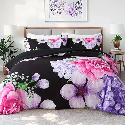 Floral Comforter Set Queen Size, 3 Pieces Elegant Black Floral Bed in a Bag, Soft Microfiber Botanical Flower Bedding Set with 2 Pillowcases for All Season 90"×90"