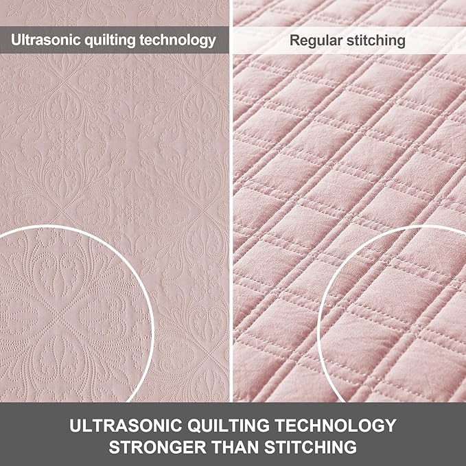 Hansleep Pink Quilt King Size - Baroque Ultrasonic All Season Bedspread King, Soft Lightweight Coverlet Bedding Set, 3 Piece (1 Quilt, 2 Pillow Shams)