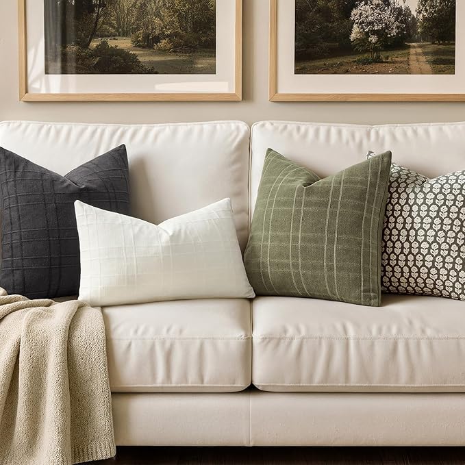 MIULEE Decorative Linen Check Euro Shams Throw Pillow Covers Neutral Farmhouse Vintage Spring Pillow Covers 24x24 Set of 2 Boho Modern Home Decor for Sofa Couch Bedroom Cushion Sage Green