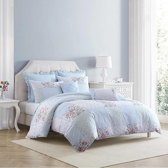 Laura Ashley - Comforter Set, Super Soft Bedding with Matching Shams, Includes Bonus Throw Pillow Covers, Coquette Room Decor (Hope Patchwork Blue, King)