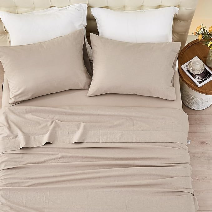 Simple&Opulence Belgian Linen Sheet Set Solid Color - 3 Pieces (1 Flat Sheet & 1 Fitted Sheet & 1 Pillowcase) Natural Flax Cotton Blend Soft Bedding Breathable Farmhouse - Khaki, Twin Size