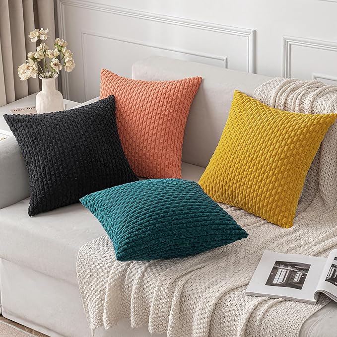 MIULEE Pack of 2 Decorative Throw Pillow Covers 18x18 Inch Soft Boho Striped Textured Corduroy Pillow Covers Modern Farmhouse Home Decor for Couch Bed Sofa Living Room Mustard Yellow