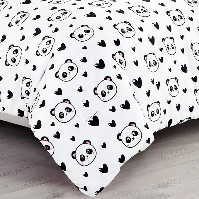 Chezmoi Collection 3-Piece Black White Girls Twin Size Bedding Set Love Panda Hearts Microfiber Comforter Set w/Panda Throw Pillow for Kids Teens