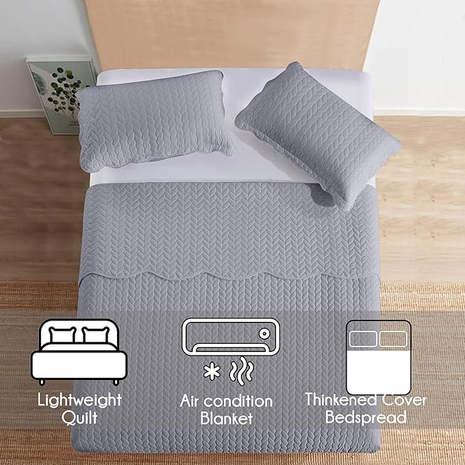 IR Imperial Rooms Queen Quilt Bedding Set Size (90" x 96") + 2 Pillow Shams (20" x 26"+ 2") - 3 Pcs All Season Lightweight Reversible Microfiber Coverlet Embossed Quilt Bedspread (Silver)