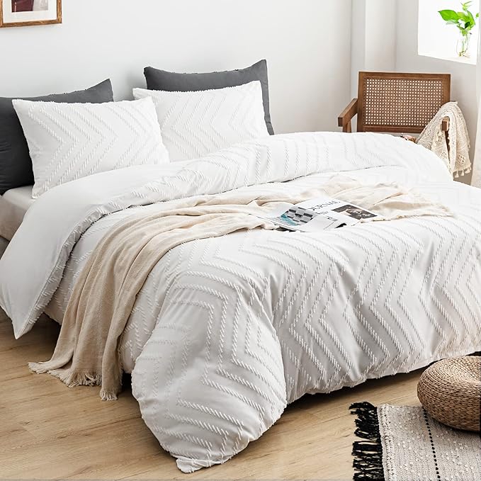 WARMDERN Boho Duvet Cover Set, Tufted Bedding Duvet Covers Soft Washed Microfiber Duvet Cover Twin Size, 2 Pieces Embroidery Shabby Chic Duvet Cover with Zipper Closure(White, Twin)