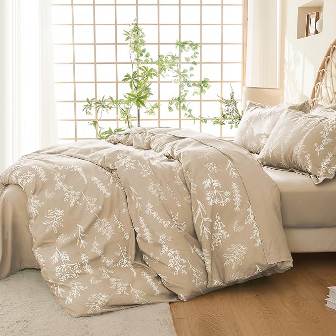 MUXHOMO Duvet Cover King Size, Reversible Floral Beige Duvet Cover Set with Zipper Closure, 3 Pieces Botanical Patterns Soft Microfiber Bedding Set (90"x104", 2 Pillow Cases 20"×36")