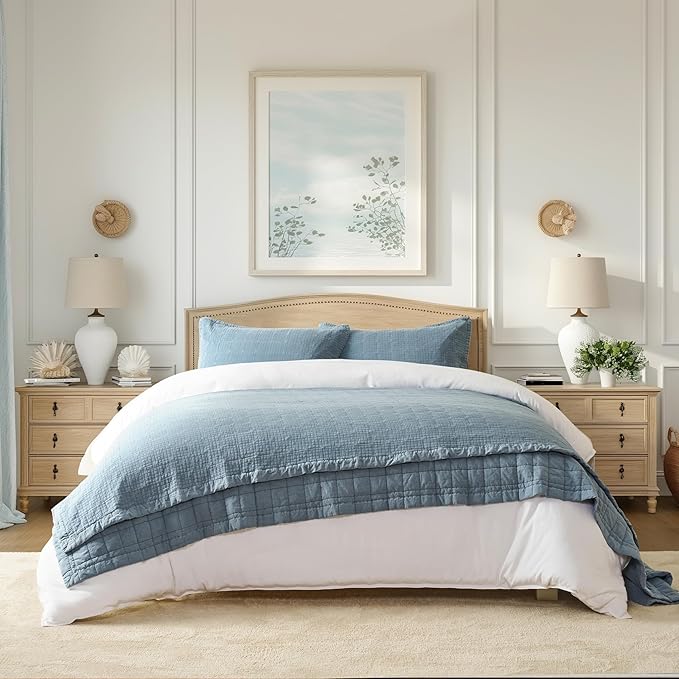 EVERGRACEHOME Stonewashed Cotton Quilt Set King Size, Ultra Soft Oversized Bedspread Coverlet Set, Lightweight Crinkle Box Stitch Bedding Sets for All Season, with 2 Shams, Sonoma Blue