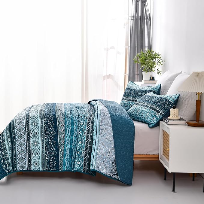 WONGS BEDDING Boho Quilt Set Full Size, Blue Bohemian Full Quilt Bedding Set, Lightweight Microfiber Bed Decor Bedspread with Pillow Shams for All Season 90"x78"(3 Pieces, Full)