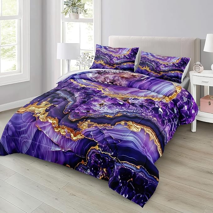 Bedbay Purple Gold Marble Comforter Set King Size Marble Bedding Set Abstract Art Texture Stone Diamond Aesthetic Room Decor 4 Pcs Luxury Bedding 1 Comforter 2 Pillowcases 1 Cushion Cover
