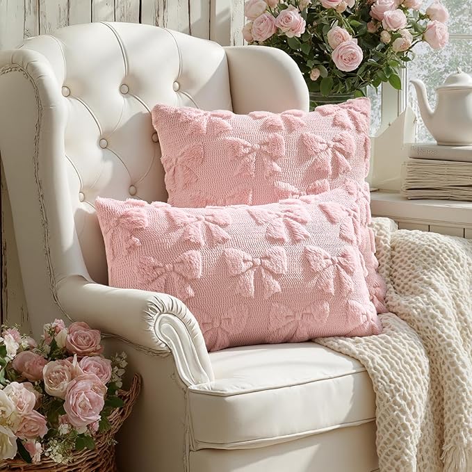 MIULEE Light Pink Bow Pillow Covers Coquette Room Decor Aesthetic Set of 2 Decorative Cute Girl Vlentine Pillow Covers Spring Soft Plush Faux Pillowcase for Preppy Room Decor Bedroom Couch,18x18 Inch