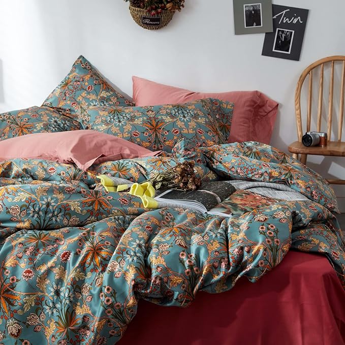 mixinni Vintage Style Garden Flower Queen Duvet Cover with Zipper Closure Soft Long Staple Percale Cotton Vibrant Pattern on Flower Bedding Quilt Cover Set(Queen, All Season)