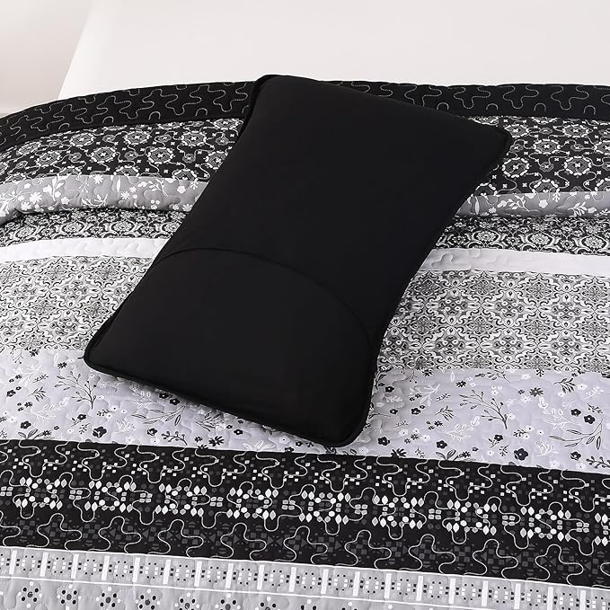 WONGS BEDDING Boho Quilt Set Full Size,Black Bohemian Striped Patchwork Bedspread Set,3 Pieces Microfiber Bedding Set for All Seasons (78"x90")