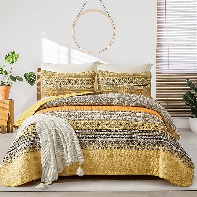 WONGS BEDDING Boho Quilt Set Full Size (90"x78"), Yellow Orange Bohemian Bedspread Lightweight Soft Microfiber Bed Cover for All Season (3 Pieces)