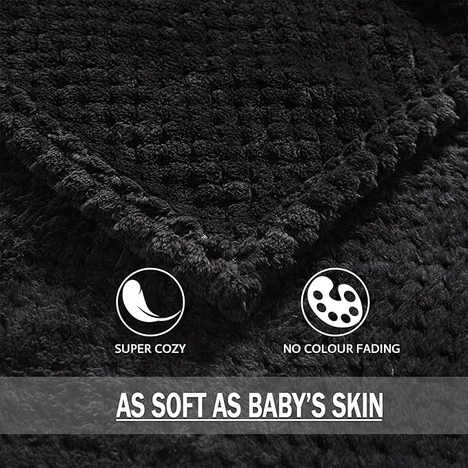 Exclusivo Mezcla Fleece Throw Blanket Extra Large, Super Soft and Warm Blankets for Couch, Sofa and Bed Waffle Textured, Cozy, Fuzzy and Lightweight (Black, 50x70 Inches)