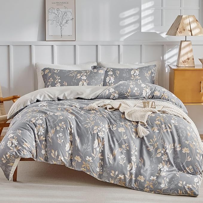Lekesky Queen Duvet Cover Set, Gold Floral Duvet Cover Queen Size, 3 Pieces Grey Bedding Sets with Zipper, Ultra Soft Microfiber Reversible Queen Size Comforter Cover with 2 Pillowcases 20"x26"