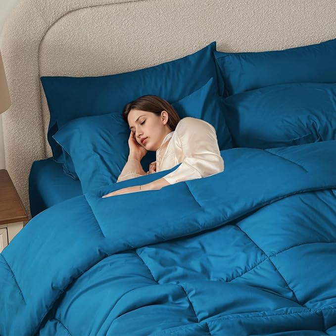 Anluoer Twin Comforter Set 5 Piece, Teal Bed in a Bag with Sheets, Comforters Twin Size Bedding Sets with 1 Comforter, 1 Pillow Shams, 1 Pillowcases, 1 Flat Sheet,1 Fitted Sheet