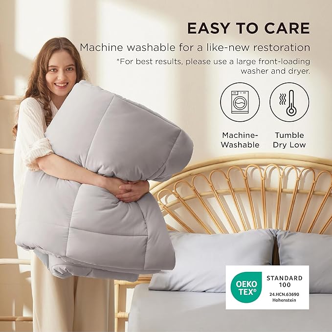 Bedsure Comforter Duvet Insert - Quilted Comforters Queen Plus Size, All Season Duvet, GentleSoft Down Alternative Bedding, with 8 Tabs, Gifts for Women/Men,Light Grey,Queen Plus 90 x 90 Inches