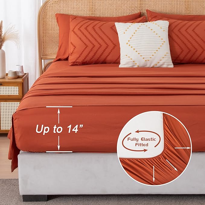 Litanika King Size Comforter Set with Sheets Burnt Orange - 7 Pieces Bed in a Bag King Boho Terracotta Complete Bedding Sets Rust Lightweight Bed Set with Comforter, Sheets, Pillowcases & Shams