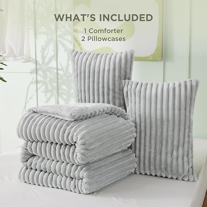 Bedsure King Size Comforter Set - GentleSoft™ 3 Pieces Fluffy Double-Side Fleece Comforter Set, Cozy Striped Room Decor Aesthetic, Luxury Light Grey King Bedding with 2 Pillowcases, 104x90 Inches