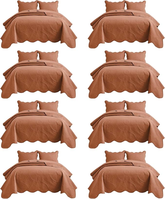IR Imperial Rooms 8 Pack Quilt King Size Bedding (106" x 96") - Bulk Wholesale for Hotels, Guest Bedroom & Airbnbs - Lightweight Microfiber Reversible Floral Embossed Quilts Bedspreads (Rust)