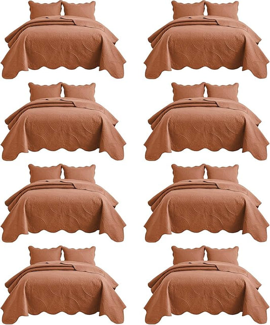 IR Imperial Rooms 8 Pack Quilt King Size Bedding (106" x 96") - Bulk Wholesale for Hotels, Guest Bedroom & Airbnbs - Lightweight Microfiber Reversible Floral Embossed Quilts Bedspreads (Rust)