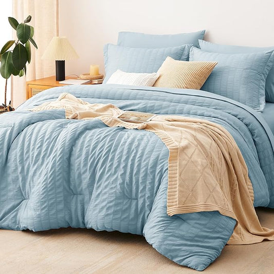 CozyLux Full Size Comforter Sets with Sheets Seersucker 7 Pieces Light Blue Bed in a Bag Textured Luxury Soft Bedding Set with Down Alternative Comforter, Sheets, Pillowcases & Shams for All Seasons