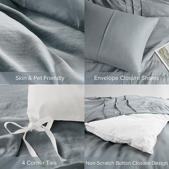 Comfort Spaces Blue/Grey Queen Size Duvet Cover Set - 3 Pieces Pintuck Pleated Duvet Cover, All Season Lightweight, Extra Softness Pre-Washed Microfiber Bedding Cover Shams