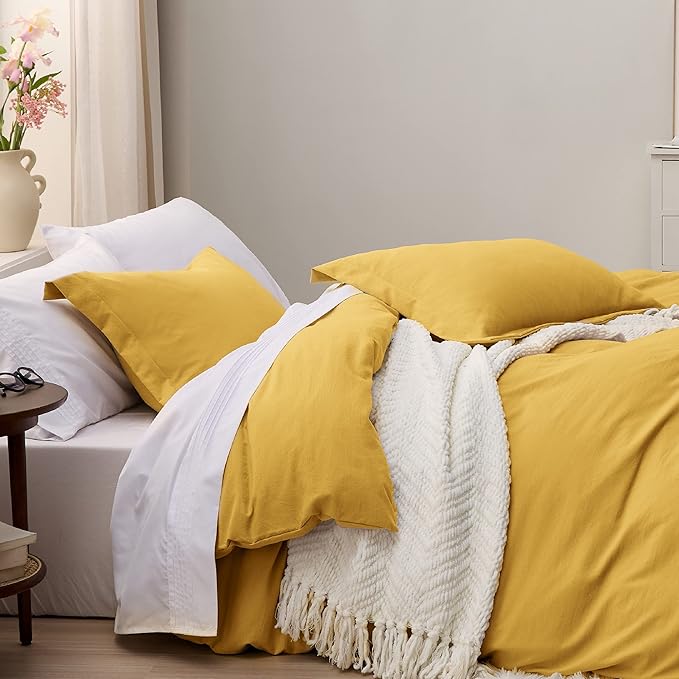 Bedsure Mustard Yellow Duvet Cover Full Size - 3 Pieces Prewashed Extra Soft Cotton-Like Polyester Bedding Set, Includes 1 Duvet Cover 80x90 Inches with Zipper Closure & 2 Pillow Shams, No Comforter