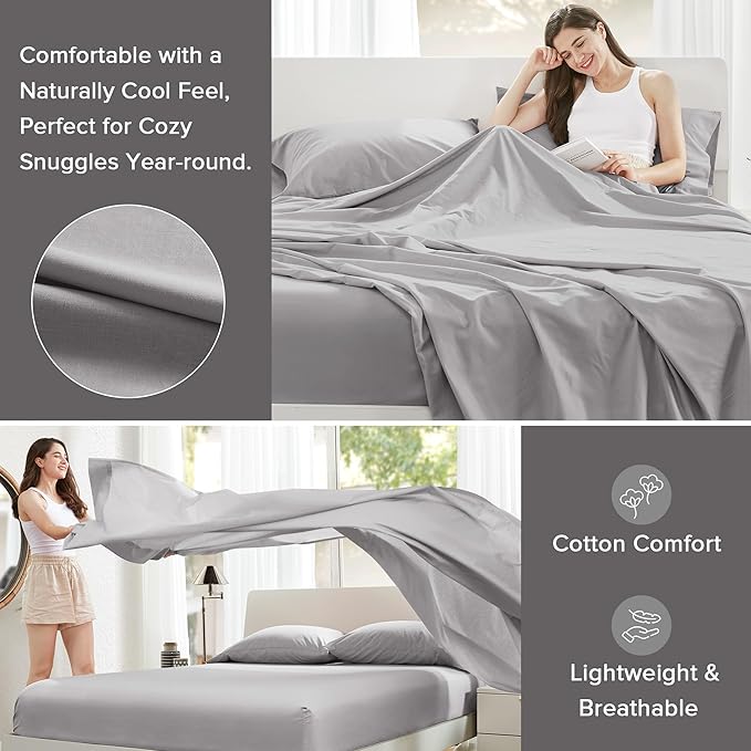 Comfort Spaces 100% Cotton Sheet Set Breathable, Lightweight, Soft with 12" Elastic Pocket Fits up to 14" Mattress, All Season Cozy Bedding, Matching Pillow Case, Twin Grey 3 Piece