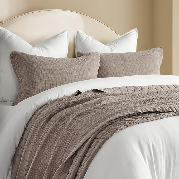 EVERGRACEHOME Stonewashed Cotton Quilt Set King Size, Ultra Soft Oversized Bedspread Coverlet Set, Lightweight Crinkle Box Stitch Bedding Sets for All Season, with 2 Shams, Truffle Taupe Brown