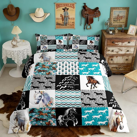 Kawaii Western Bedding,Cute Horse Queen Size Comforter Set For Teen Boys Girls,Rustic Farm Animal Bedding Set Cowboy Cowgirl Boho Comforter Arrow Rose Flower Horseshoe Quilt Set 2 Pillowcases Teal